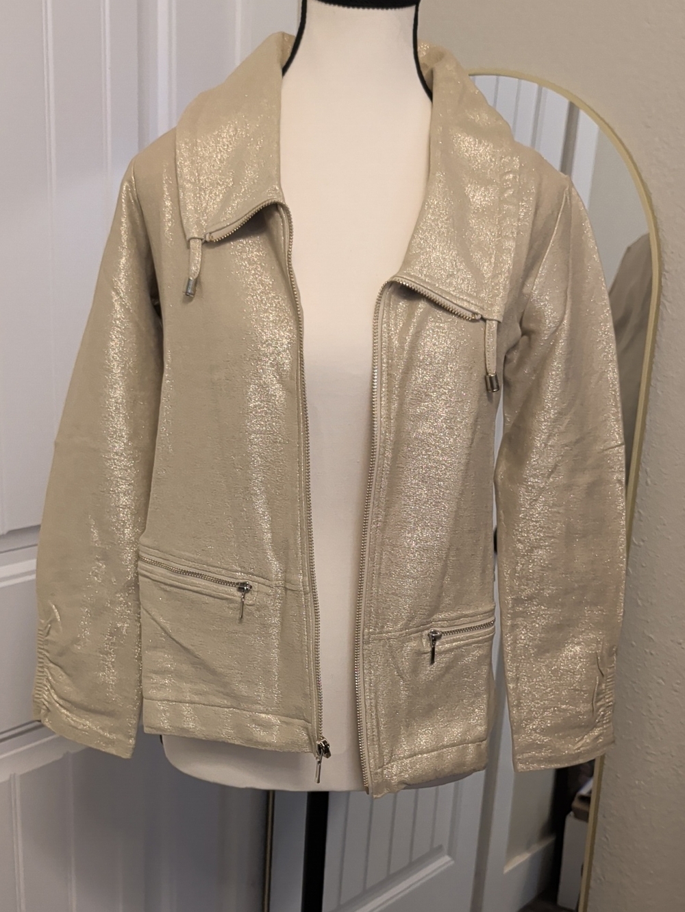 Chico's Shimmery Gold Foil Zip Jacket